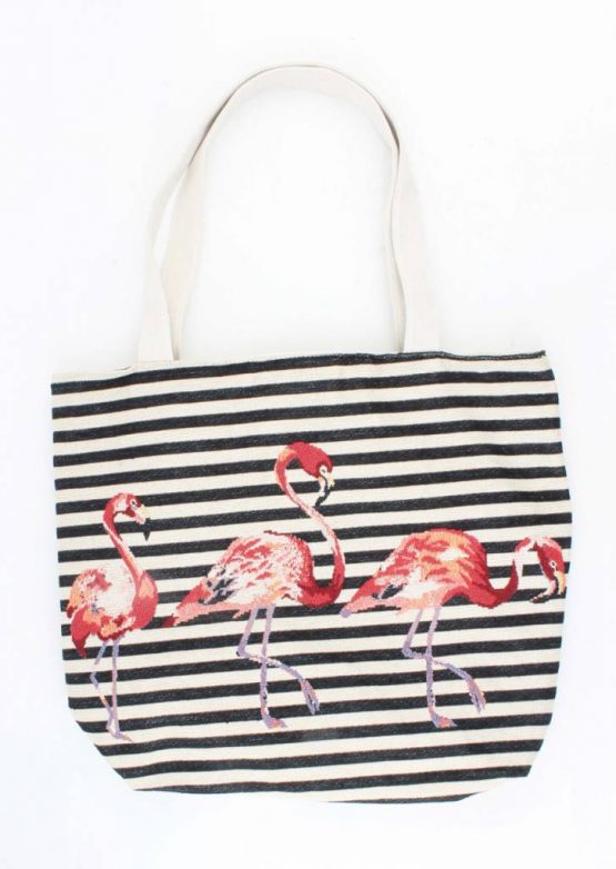 zwart wit shopper strandtas met flamingo's
