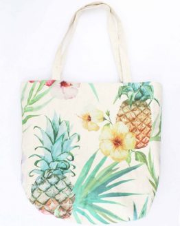 Vrolijke shopper strandtas met bloemen en ananas
